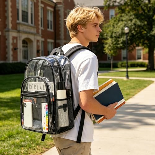 gdbis Clear Backpacks for School - 17 Inch Extra Large Transparent Heavy Duty Clear Bookbag for Boys & Girls See Through PVC School Backpack with 2 Front Pockets for Work, College, Concert, Black