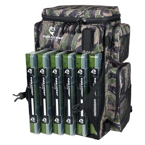 Evolution Fishing Drift Series Tackle Backpack, Outdoor Rucksack w/ 6 Fishing Tackle Trays, Heavy Duty - color: Tiger Stripe, size: 3700