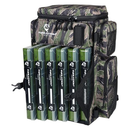 Evolution Fishing Drift Series Tackle Backpack, Outdoor Rucksack w/ 6 Fishing Tackle Trays, Heavy Duty - color: Tiger Stripe, size: 3700