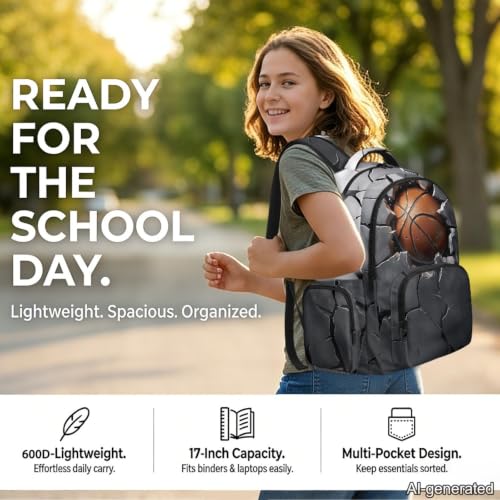 Suobstales 3D Basketball Print 17 Inch School Backpack for Boys Girls Lightweight Students Bookbag Middle School Schoolbag Casual Daypack Large Capacity Rucksack with Zipper Pocket - color: 3d Basketball