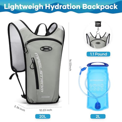 Maelstrom Hydration Backpack, Hiking Backpack with 2L Water Bladder, Running Hydration Vest for Cycling Hiking Rave for Men Women - color: Grey