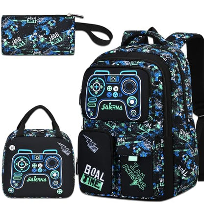3PCS Kids Backpack Set, School Backpack with Lunch Bag & Pencil Case, Lightweight Waterproof Bookbag for Kids (Blue-Green Game) - color: Blue-green Game