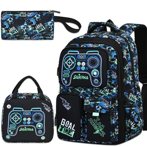 3PCS Kids Backpack Set, School Backpack with Lunch Bag & Pencil Case, Lightweight Waterproof Bookbag for Kids (Blue-Green Game) - color: Blue-green Game