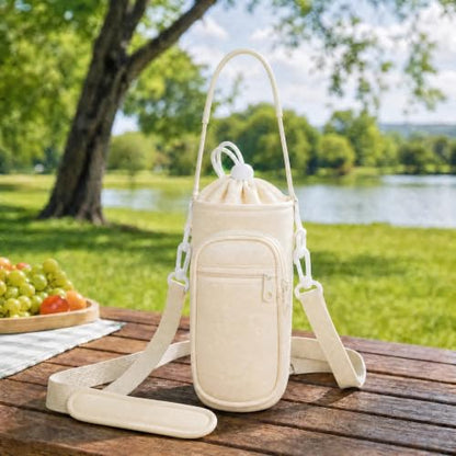 Water Bottle Holder with Strap, Water Bottle Carrier Bag with Phone Pocket, Shoulder Hand Strap Insulated Neoprene 32/40 oz Water Bottle Sleeve for Walking Hiking Camping Gym - color: 2 BEIGE, size: under 32oz