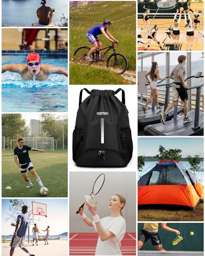 BROTOU Soccer Drawstring Backpack, Basketball Bag, Volleyball Football Bags with Ball and Shoe Compartment - color: Black