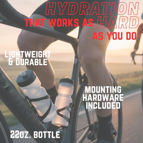 Bike Water Bottle Holder & Bottle Combo – 2-Pack 22 oz Sports Squeeze Bottles with Pull Top Cap & Easy-Install Bike Cage – Made in USA – 50 Strong Brand - color: Clear Bottle + Cage