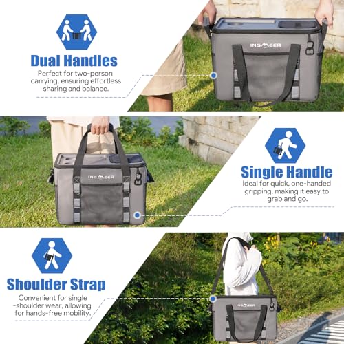 INSMEER Soft Cooler Bag with Hard Shell & 2 Cup Holders, Portable 40L/70 Cans Collapsible Cooler Bags Insulated with Leakproof for Travel, ice chests and Cooler Lunch Box for Beach Camping Picnic - color: Grey