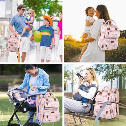 Diaper Bag Backpack, Large Diaper Backpack with Portable Changing Pad, Baby Diaper Bags for Girls, Multifunction Floral Travel Backpack for Moms Dads with Insulated Pockets and Stroller Straps