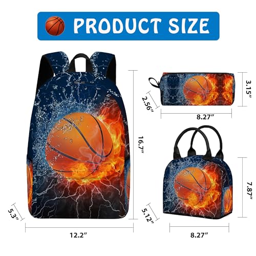 3PCS Backpack for Boys Girls, Kids Basketball Back to School Backpack Sets with Lunch Bag Pencil Case, 17 Inch Lightweight Bookpack 3 in 1 Set for Teens Elementary Middle High School Students - color: Water Fire Basketball