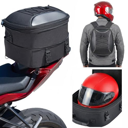 Nomad USA Motorcycle Tail Bag Fits Helmets, 22L-35L Expandable Hard Shell Waterproof Reflective Dual Rear Seat/Rack Bag Converts to Motorbike Backpack/Hand Carry Quick Release Bag w/Rain Cover