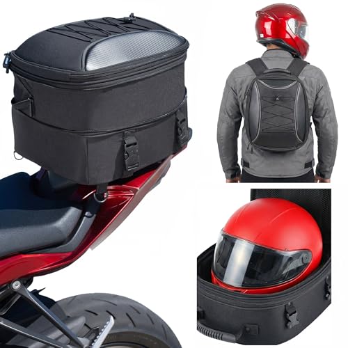 Nomad USA Motorcycle Tail Bag Fits Helmets, 22L-35L Expandable Hard Shell Waterproof Reflective Dual Rear Seat/Rack Bag Converts to Motorbike Backpack/Hand Carry Quick Release Bag w/Rain Cover