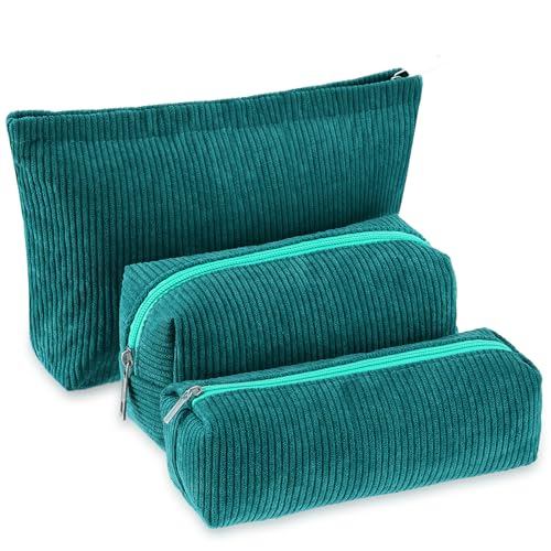 Huhumy 3 Pcs Makeup Bag Set for Women Corduroy Cosmetic Pouch Aesthetic Smile Travel Toiletry Bag Cute Purse Pouch Pencil Case Makeup Brushes Storage Organizer with Zipper(Dark Green,Solid Style) - color: Dark Green, style: Solid Style