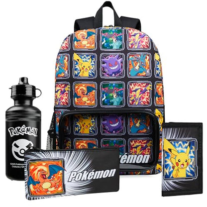 Pokemon Backpack Set 4 Pcs for Kids with Backpack Water Bottle Pencil Case Lunch Bag or Wallet Anime School Supplies Gifts (Multi 4 Pcs Set) - color: Multicolour