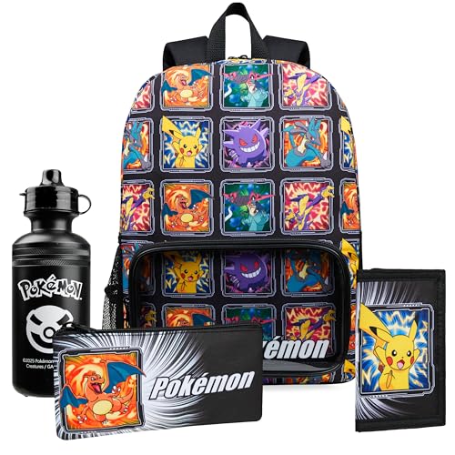 Pokemon Backpack Set 4 Pcs for Kids with Backpack Water Bottle Pencil Case Lunch Bag or Wallet Anime School Supplies Gifts (Multi 4 Pcs Set) - color: Multicolour
