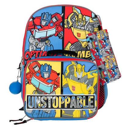 AI ACCESSORY INNOVATIONS Transformers 5 PC Backpack Set, Bumblebee & Optimus Prime School Bag 16”, Blue & Red - color: Transformers