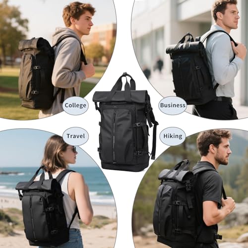 Rolltop Backpack, Travel Rucksack for Men Women, Anti Theft Backpacks with 15.6-inch Laptop Compartment, Waterproof Casual Daypack for Work, Business, Commuter and College - color: Black