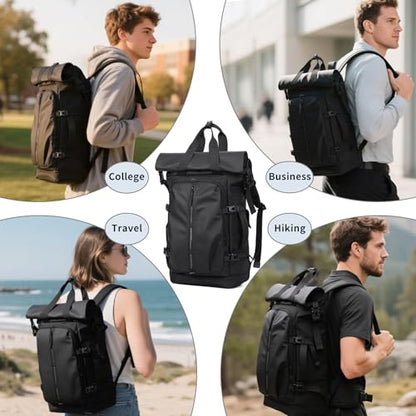 Rolltop Backpack, Travel Rucksack for Men Women, Anti Theft Backpacks with 15.6-inch Laptop Compartment, Waterproof Casual Daypack for Work, Business, Commuter and College - color: Black