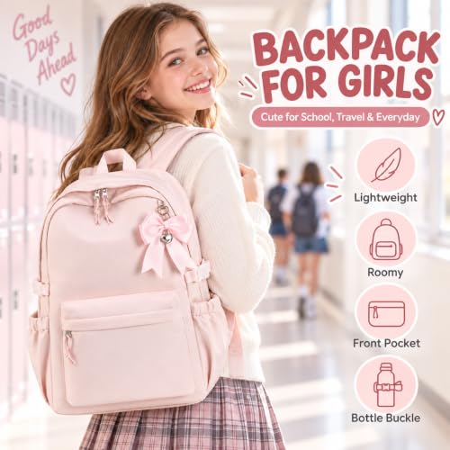 LOIDOU Girls Backpack for Kids Cute School Bookbag - color: Flesh Pink, size: L-17"