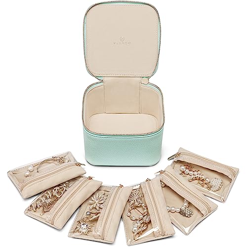 VLANDO Travel Jewelry Box for Women Faux Leather Jewelry Box with 6 Velvet Jewelry Zipper Pockets Earrings Necklace Rings Storage Boxes Christmas Gift for Mom Wife(Lake Blue) - color: 6PCS-Lake Blue