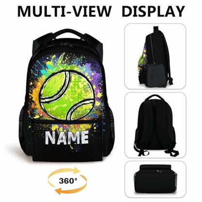Boys School Backpack Personalized Kids Tennis Backpacks Bookbag Back to School Supplies, 17 Inches Custom Name Cool Sport Back Pack for Travel Camping Casual (Black) - color: Color 5-1
