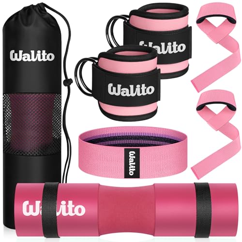 WALITO 8Pcs Barbell Pad Set for Hip Thrust - Squat Pad,Gym Accessories for Women with Bar Bad,Bench Press, with Gym Ankle Straps,Resistance Bands for Working Out,Lifting Strap,Carry Bag - color: 1-Pink