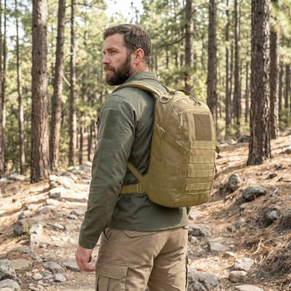 Small Tactical Hiking Backpack, 12L MOLLE Bookbag Daypack for Travel | MOLLE webbing expands carry options;compact,lightweight design fits hiking,school,camping,travel and daily use - color: Tan