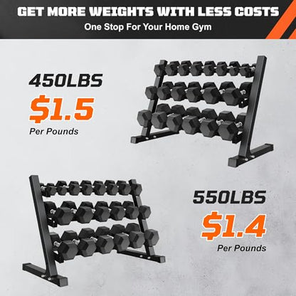 Dumbbell Sets with Rack, Rubber Hex Dumbbells, 160/220/280/360/450/550LBS, Hand Weights with Chrome Handle for Strength Training - color: Home Gym Packages 450lbs