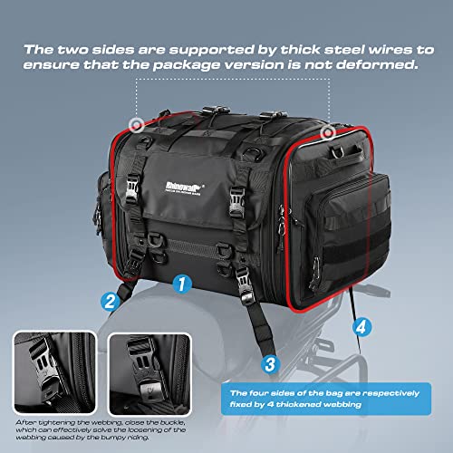 Rhinowalk Motorcycle Tail Bag, Expandable Motorcycle Travel Luggage Bags 60L, Waterproof All-Weather Trunk Rack Bag with Sissy Bar Straps & Helmet Rain Cover-Black - color: Black 40-60L