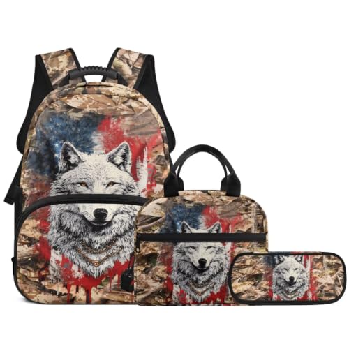 Kids Backpack for School, Branches American Flag Wolf 17 Inch Bookbag with Lunch Box Kids School Bag Set 3pcs School Daypack for Teens Boys Girls - color: Branches American Flag Wolf