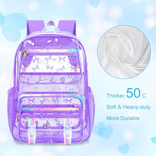 KLFVB 3PCS Girls Clear Backpack Heavy Duty, See Through School Bookbag Set, Cute Transparent Bag for Women - Bow Purple - color: Bow Purple Clear Backpack