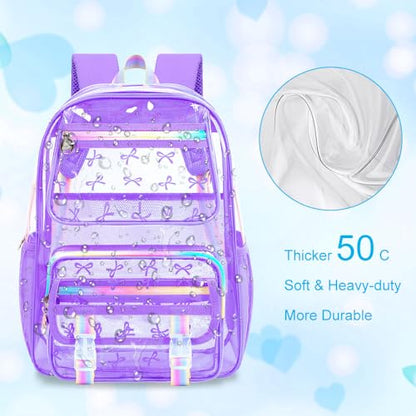 KLFVB 3PCS Girls Clear Backpack Heavy Duty, See Through School Bookbag Set, Cute Transparent Bag for Women - Bow Purple - color: Bow Purple Clear Backpack