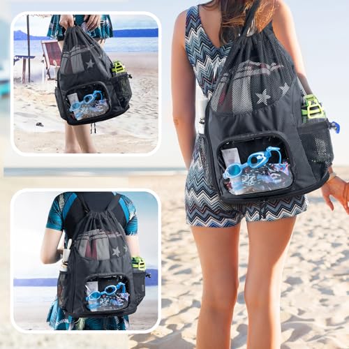 Mesh Drawstring Backpack with Shoe Compartment, Sandproof Beach Swim Bag with Wet Pocket, Pool Gym Shower Bag for Travel Summer Camp - color: Black, style: Style a