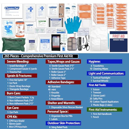 Professional Trauma First Aid Kit - Military-Grade Labelled Compartments & MOLLE System for Workplace, Outdoor, Car, Boat, Hurricane Emergencies 265 Piece Emergency Necessities Kits - size: Large