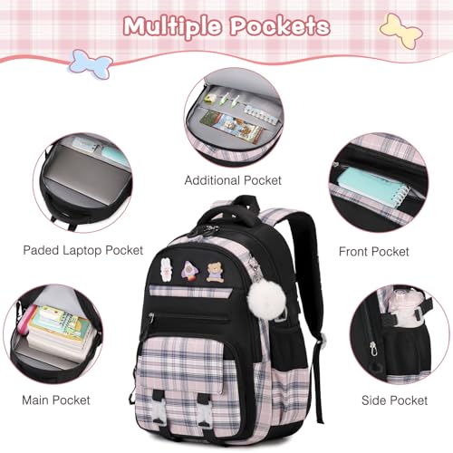 3PCS School Backpack for Girls, Girls Backpack with Lunch Box, Pencil Case, Cute Kawaii Plaid Book Bag for Teen Girl Kindergarten Elementary Preschool Middle High School, Black Pink - color: Black