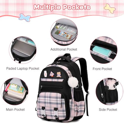 3PCS School Backpack for Girls, Girls Backpack with Lunch Box, Pencil Case, Cute Kawaii Plaid Book Bag for Teen Girl Kindergarten Elementary Preschool Middle High School, Black Pink - color: Black