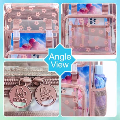3Pcs Clear Backpack for School, Girls Kids Transparent Bookbag Set, 17" Stadium Approved See Through Backpack with Lunch Box (Pink) - color: Plum Blossom Pink