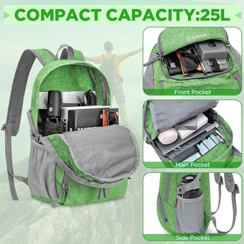 ZOMAKE Ultra Lightweight Packable Backpack 25L,Small Foldable Backpacks Hiking Water Resistant Collapsible Daypack for Women Men(Dark Green) - color: Dark Green, size: 25L