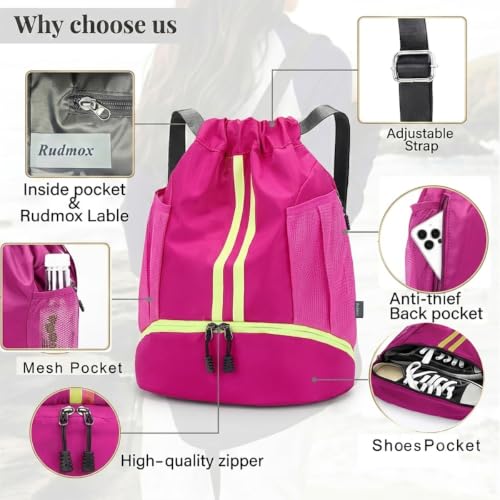 Drawstring Backpack with Shoe Compartment,Water Resistant Sports Gym Bag,String Bag for Men Women,Soccer,Basketball - color: Rose