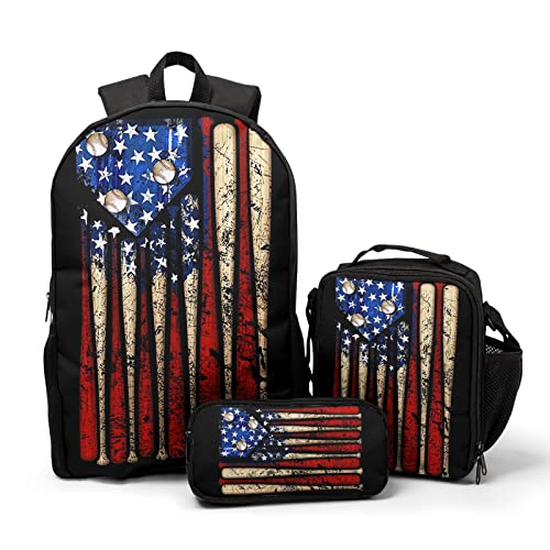 Giwawa American Flag Baseball School Backpack Set Lightweight Teen Girls Women Kids School Bags College Bookbag with Lunch Bag - color: Baseball Flag-1