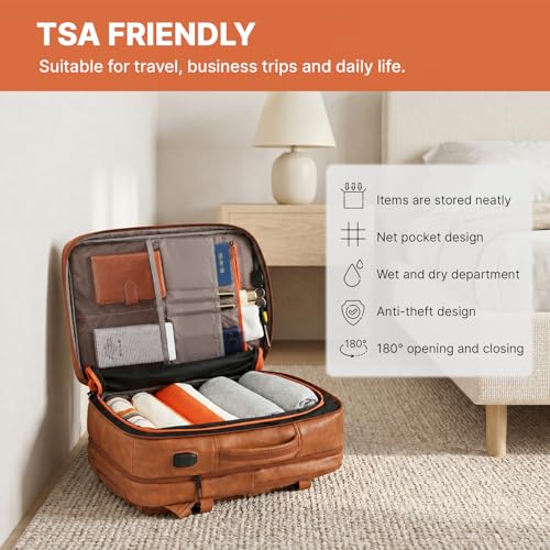 Travel Backpack for Women, PU Leather Carry On Backpack Flight Approved with Laptop Compartment, 40L Expandable Personal Item Travel Bag for Traveling Weekender Business (Brown) - color: Brown
