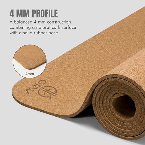 Yoga Mat Natural Cork, Non Slip Yoga Mat for Hot Yoga & Workout, 4mm Thick Natural Rubber Base, 72” x 24” Exercise Mat for Pilates, Fitness & Daily Practice, REACH Tested (SVHC Free), Includes Carry Strap
