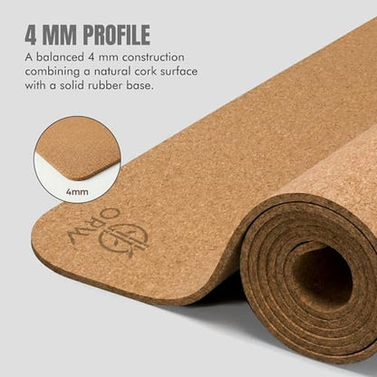 Yoga Mat Natural Cork, Non Slip Yoga Mat for Hot Yoga & Workout, 4mm Thick Natural Rubber Base, 72” x 24” Exercise Mat for Pilates, Fitness & Daily Practice, REACH Tested (SVHC Free), Includes Carry Strap