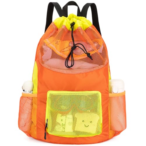 Swim Bag for Kids Mesh Beach Backpack for Boys Lightweight Drawstring Beach Bag Swimming Pool Sports Gym String Bag (Orange) - color: Orange-Yellow