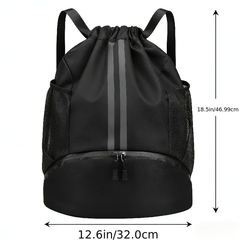 Drawstring Backpack with Separate Shoes Compartment, Water Resistant Cinch Sack Bag for Soccer Basketball Swimming Beach Sports for Men Women - color: Black