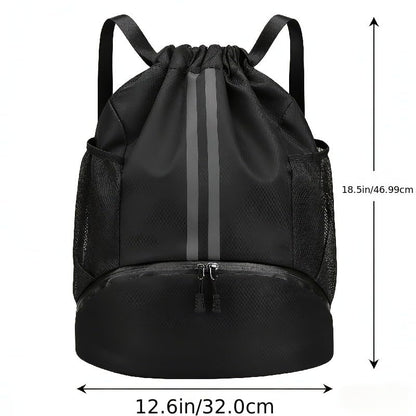Drawstring Backpack with Separate Shoes Compartment, Water Resistant Cinch Sack Bag for Soccer Basketball Swimming Beach Sports for Men Women - color: Black