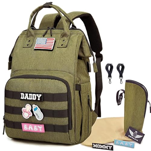 Diaper Bag Backpack for Dad and Mom with USB Charging Port Stroller Straps and Insulated Pocket,army military Travel Nappy Backpack for daddy mommy (Green) - color: Green