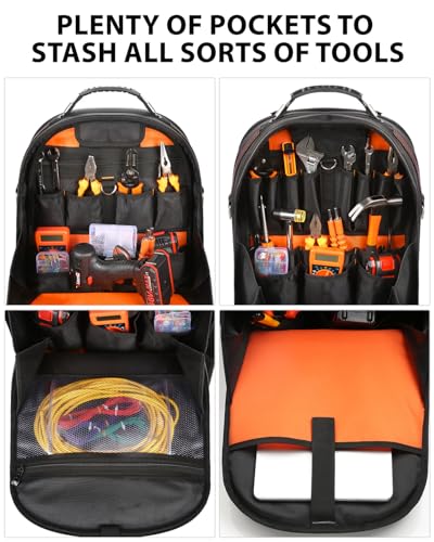 Heavy Duty Tool Backpack, 18-Inch Hard Shell Electrician Tool Bag, Full-Open Work Bag with Molded Base, Removable Tool Organizer, Laptop Compartment, HVAC Construction Backpack for Men, Brown - color: Redbrown