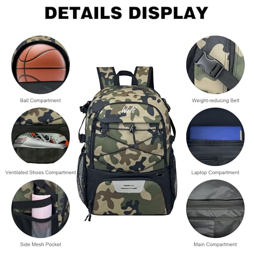 WOLT Basketball Backpack Large Sports Bag with Separate Ball Holder & Shoes Compartment, Best for Basketball, Soccer,Gym - color: camo green