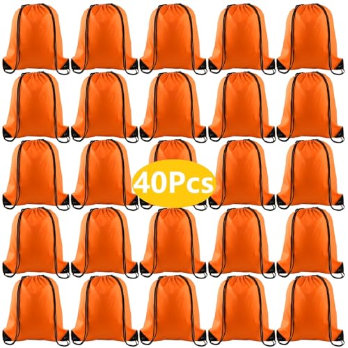 KUUQA 40Pcs Drawstring Backpack Bags Bulk Orange Drawstring Bag Foldable Gym Bag Sport Cinch Sack String Backpack Storage Bags for Women Men Shopping Gym Travel Sports - color: Orange