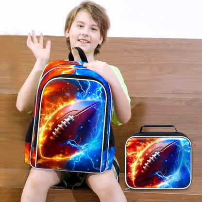 AGSDON 3PCS Rugby Backpack for Boys, 17" Kids Bookbag with Lunch Box for Boy, Flame Thunder Backpacks Water Resistant and Lightweight for Teen - color: Rugby